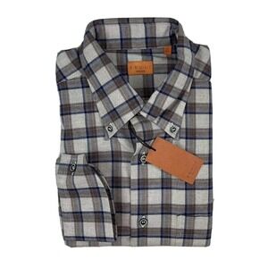 BRULI Brown Blue Cotton Checked Flannel Size Mens 16.5/42 NWT